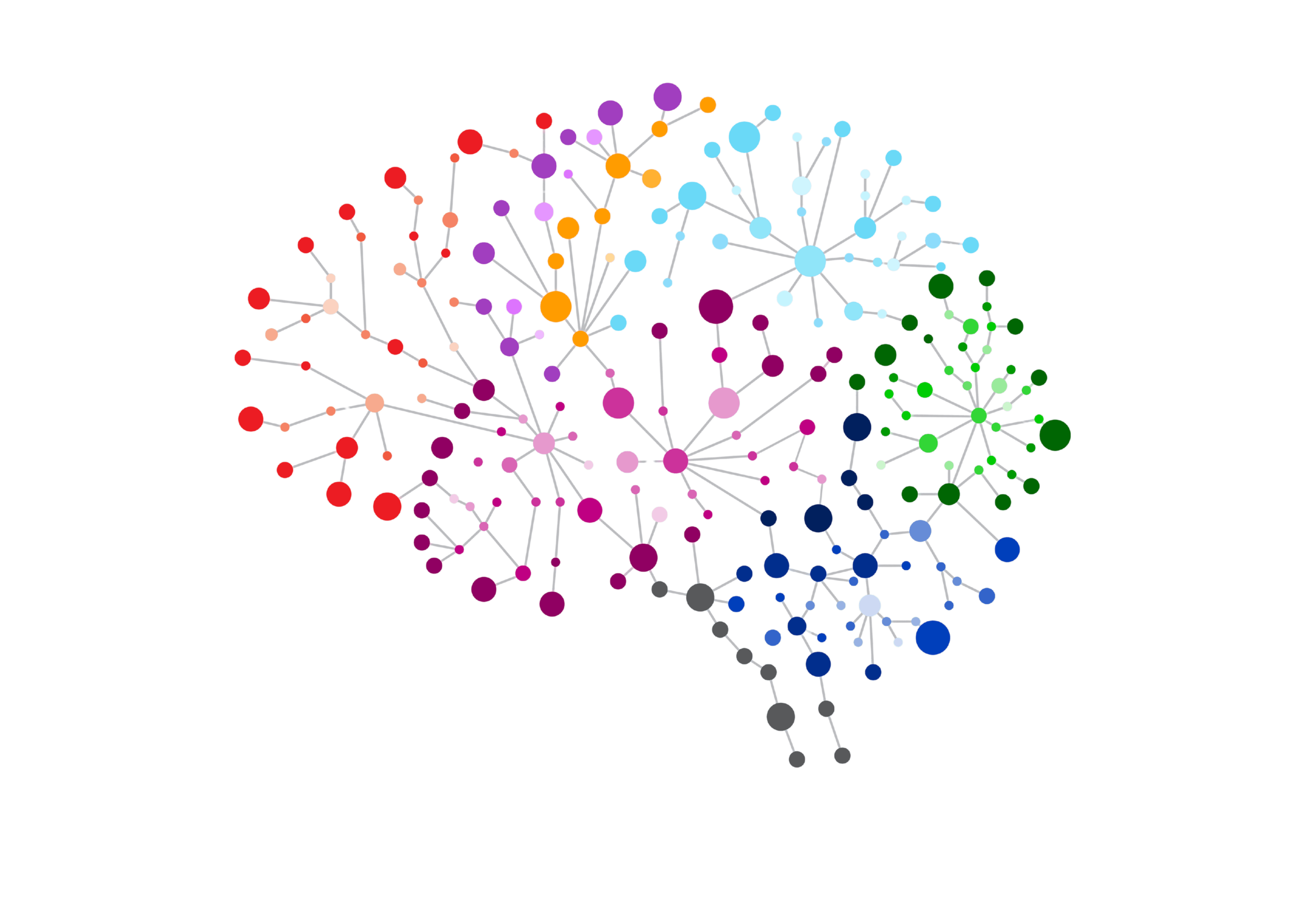 Colorful network of nodes forming the shape of a brain, illustrating Brainspotting